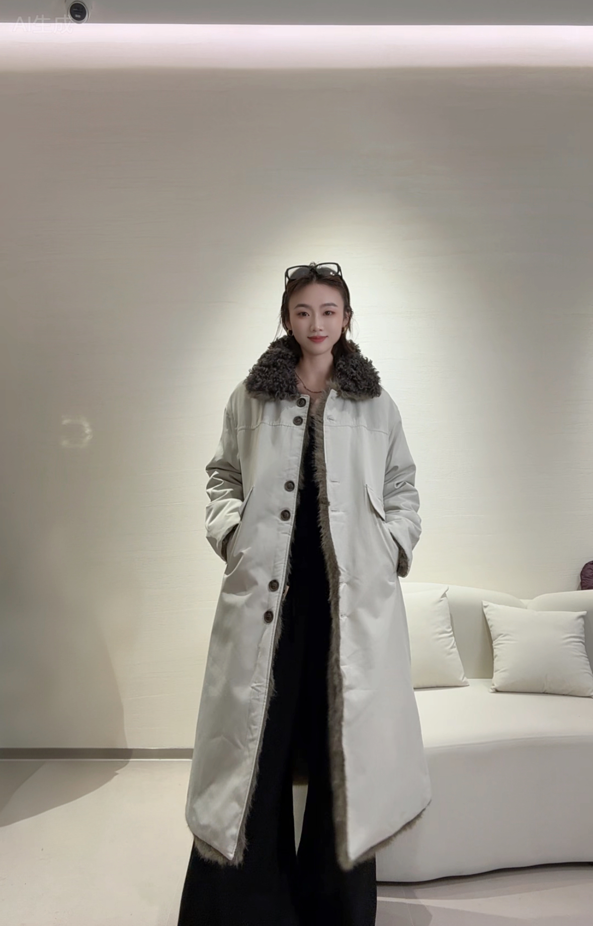 纯色翻领中长款不褪色设计师毛毛外套两面穿（2570#）款休闲时尚