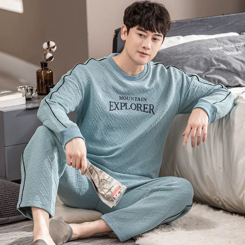 《纯棉夹棉》男士秋冬款加厚空气棉长袖可外穿家居服套装（灰蓝）