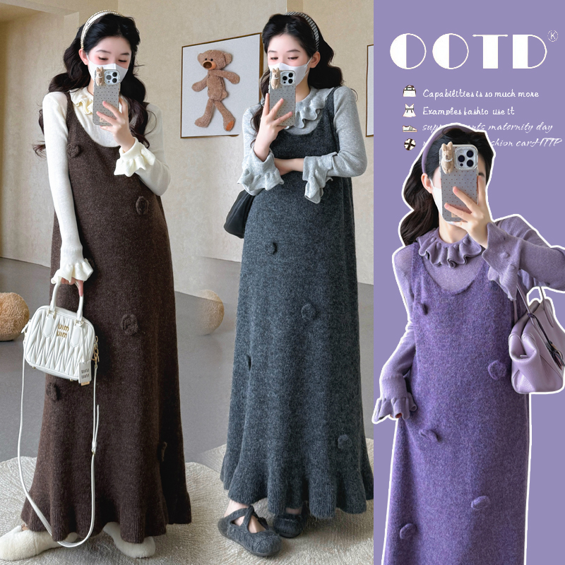 孕妇装秋冬新款套装加厚毛衣背心裙洋气轻奢长款鱼尾连衣裙两件套
