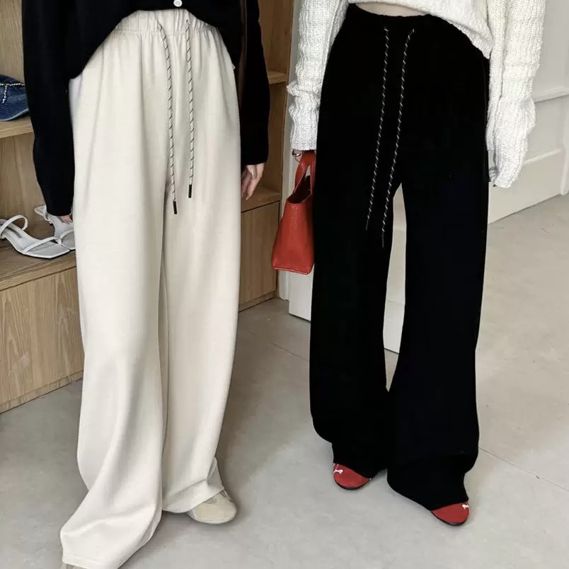冬季加绒高腰显瘦糯米阔腿直筒休闲裤