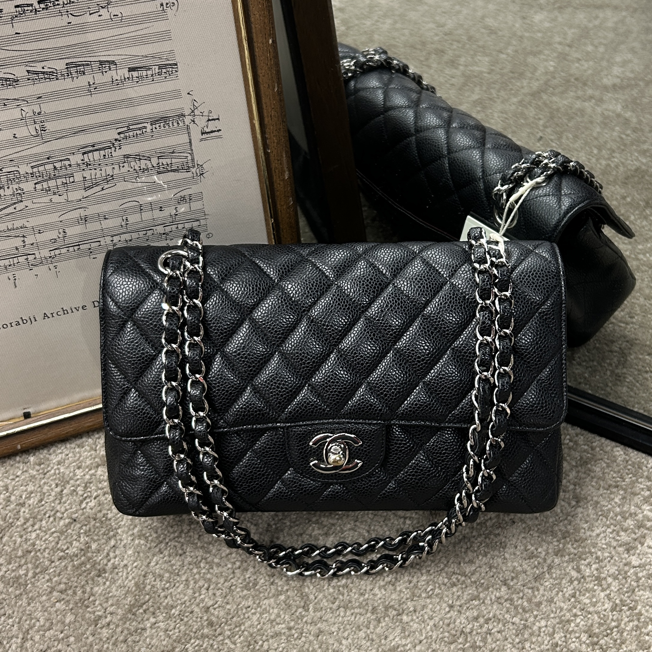 95新 Chanel/香奈儿 黑银荔枝纹牛皮cf中号单肩斜挎包
