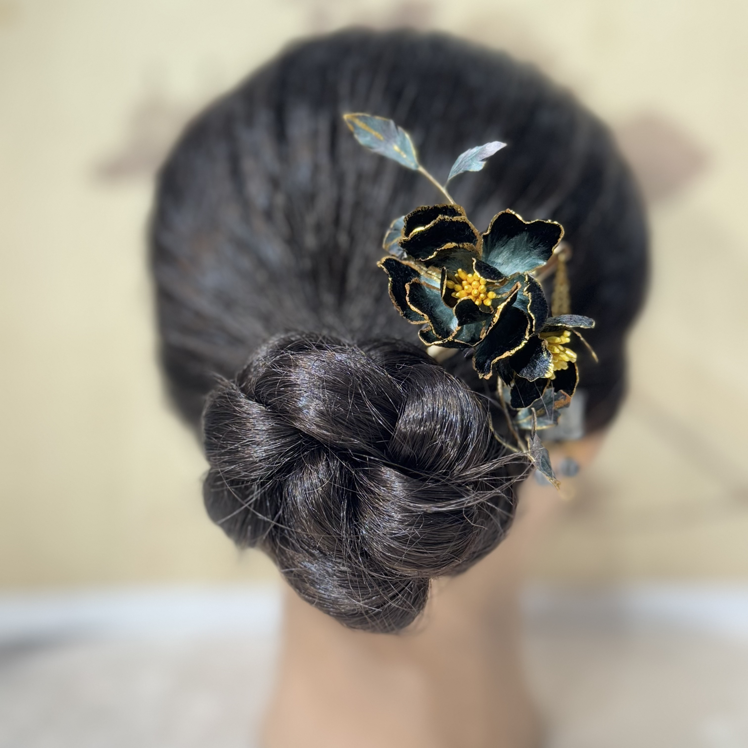 黑金山茶花发簪 非遗绒花工艺国风仙女百搭