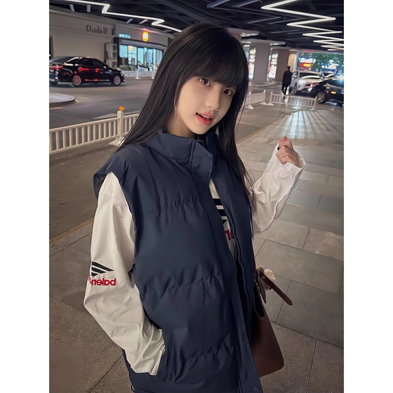 藏青色oversize立领马甲男女冬季高级感保暖坎肩背心情侣棉服外套