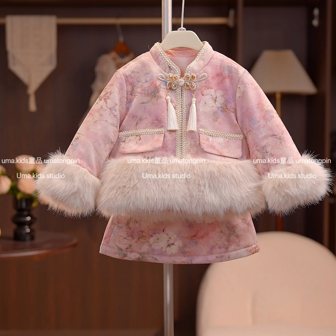 【粉黛】碎花女童冬季套头单排扣蓬蓬套装拜年服中国风冬装套装