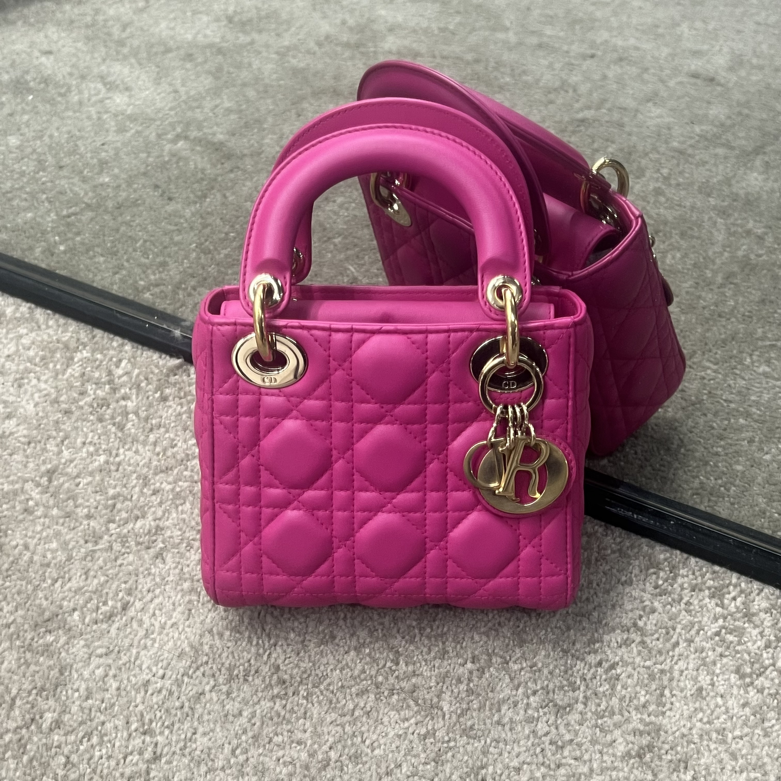 99新 DIOR/迪奥 玫粉色三格戴妃斜挎单肩包