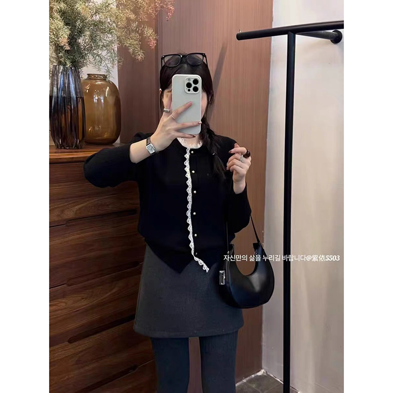 【黑色】3874开衫外套超柔软高品质圆领蕾丝花边上衣