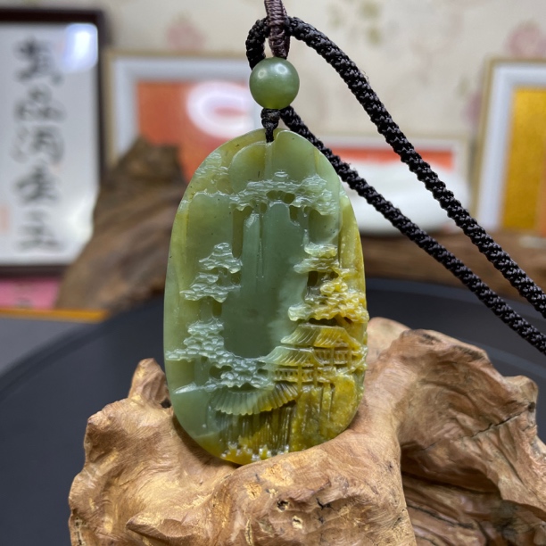 天然正品析木河磨玉纯手工俏色巧雕山水吊坠挂件毛衣链