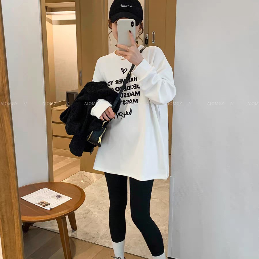 123圆领长袖中长款字母T恤女2025年秋季新款宽松上衣