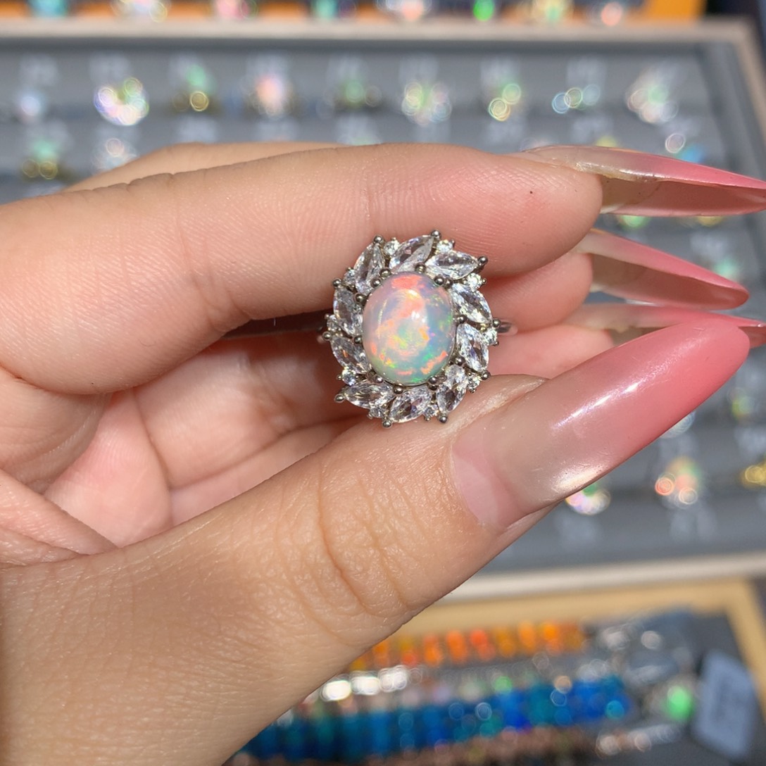 银S925镶嵌欧泊欧泊戒指l?*?