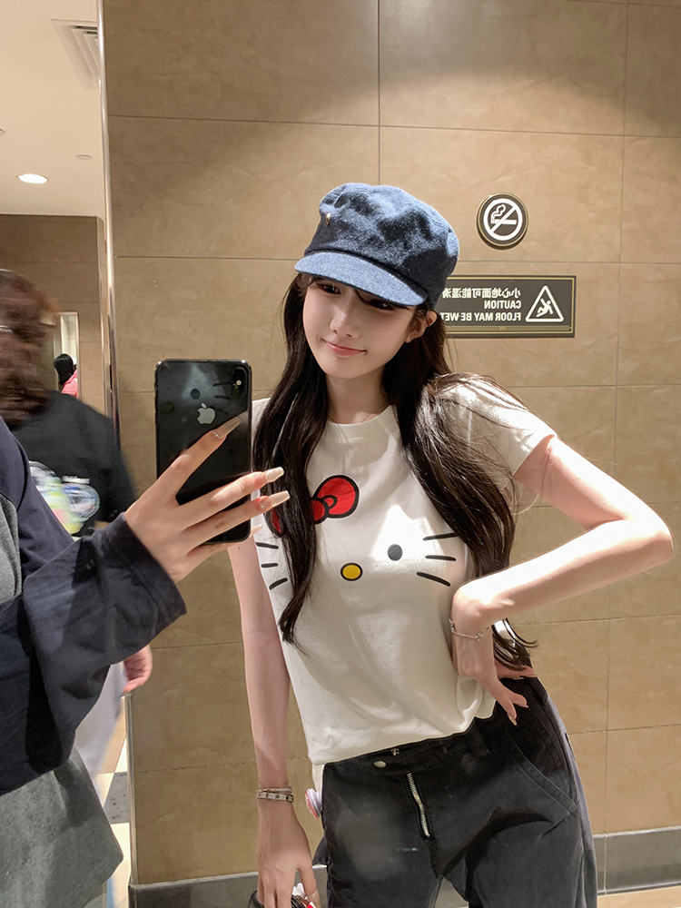 Kitty控必入！白色印花短袖T恤女夏可爱卡通kt图案圆领正肩上衣