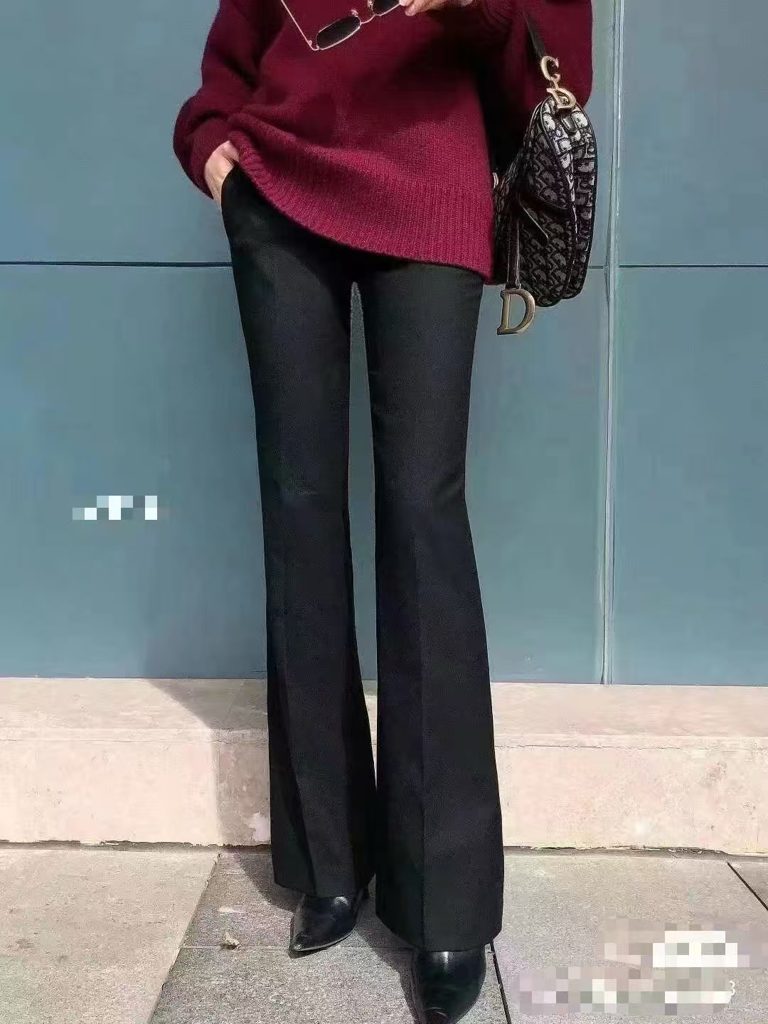 （不退换）5100237百搭羊毛裤开叉长裤黑色显瘦微喇叭时尚秋冬秋季