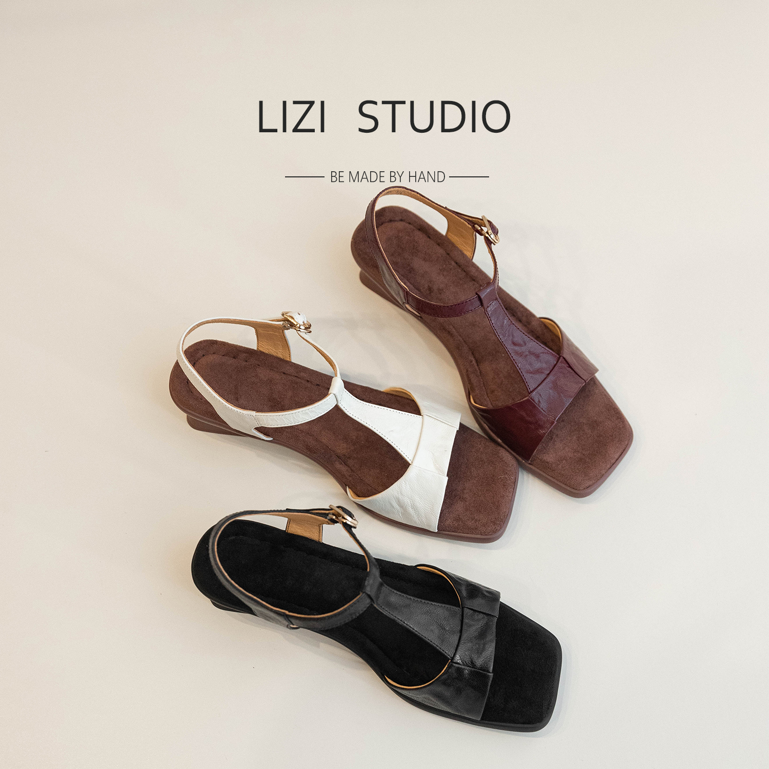 【栗子】5cm复古欧若精灵风露趾方头中跟时装凉鞋