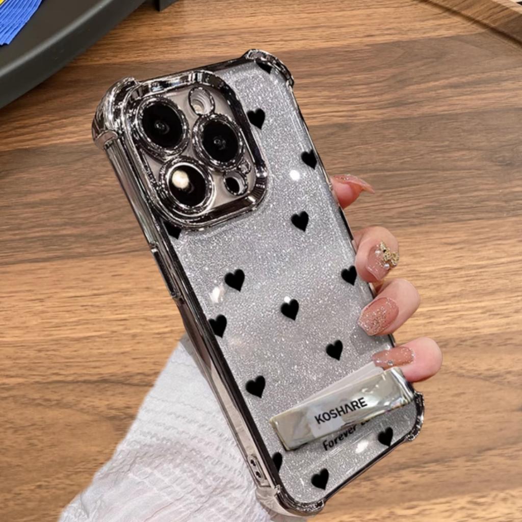 四角电镀黑色爱心适用苹果16手机壳iphone15华为op小米vivo防摔43