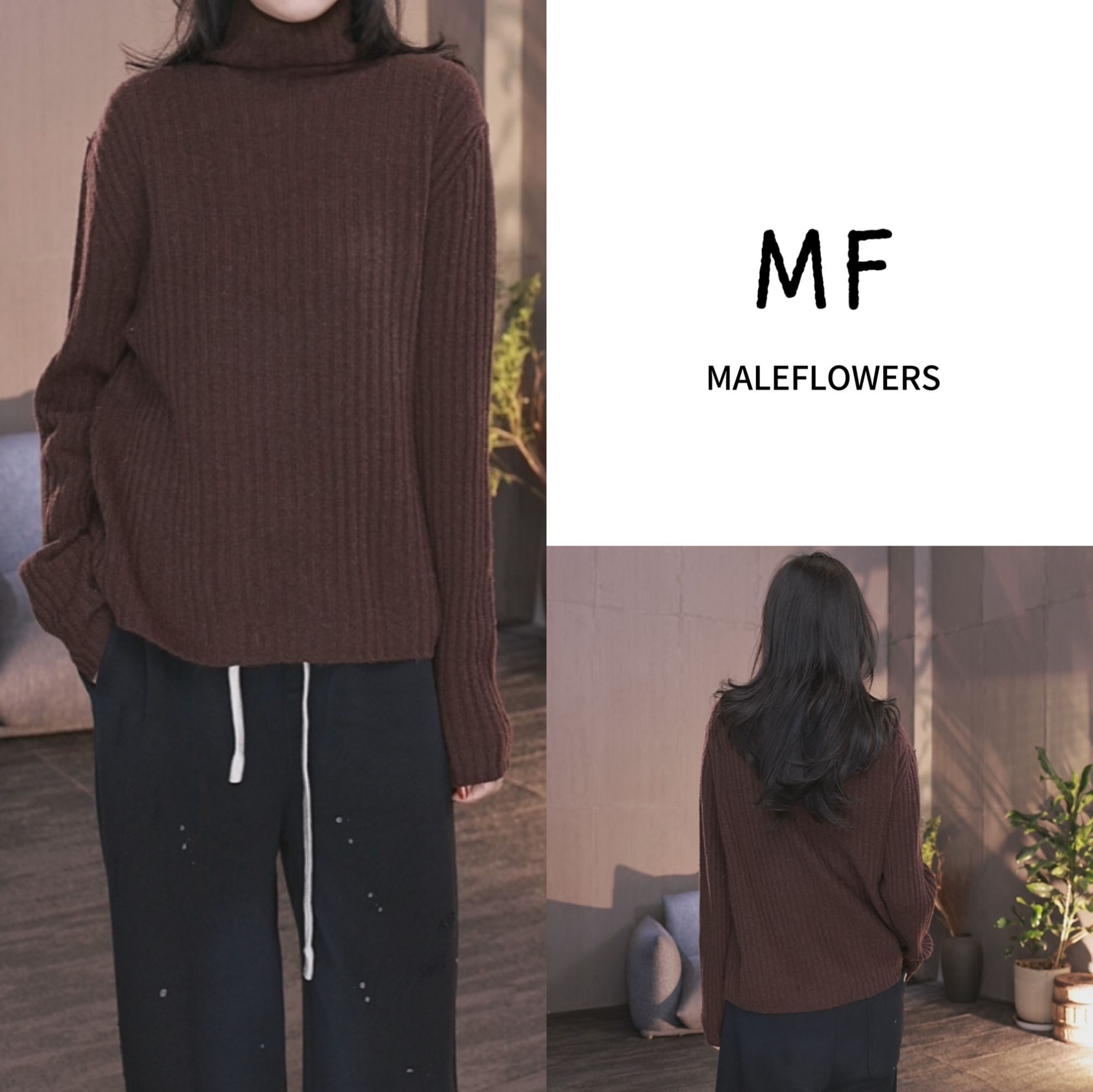 东倪MF 羊毛高领横机竖条纹厚款宽松针织保暖极简大毛衣 85D7137