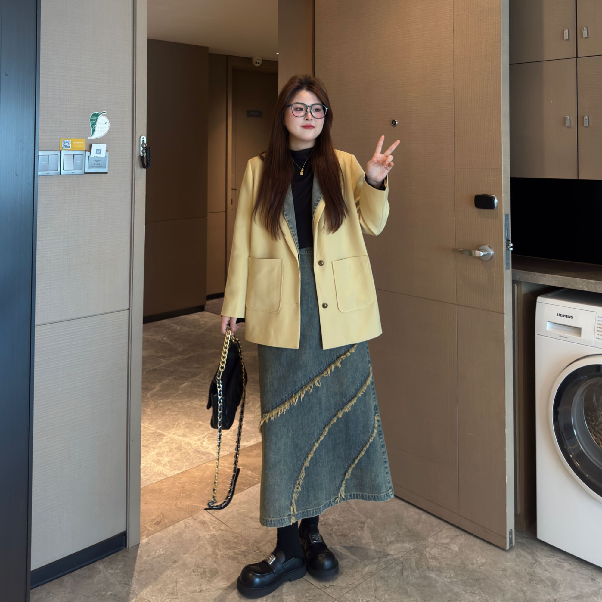 盈盈&南岛风女装拼接牛仔西装上衣女春宽松显瘦半身裙套装ZYY1417