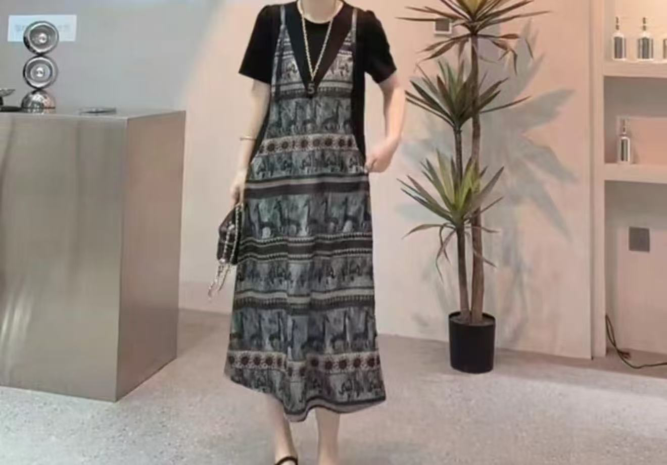 高级感复古印花假两件撞色宽松圆领夏季女士连衣裙