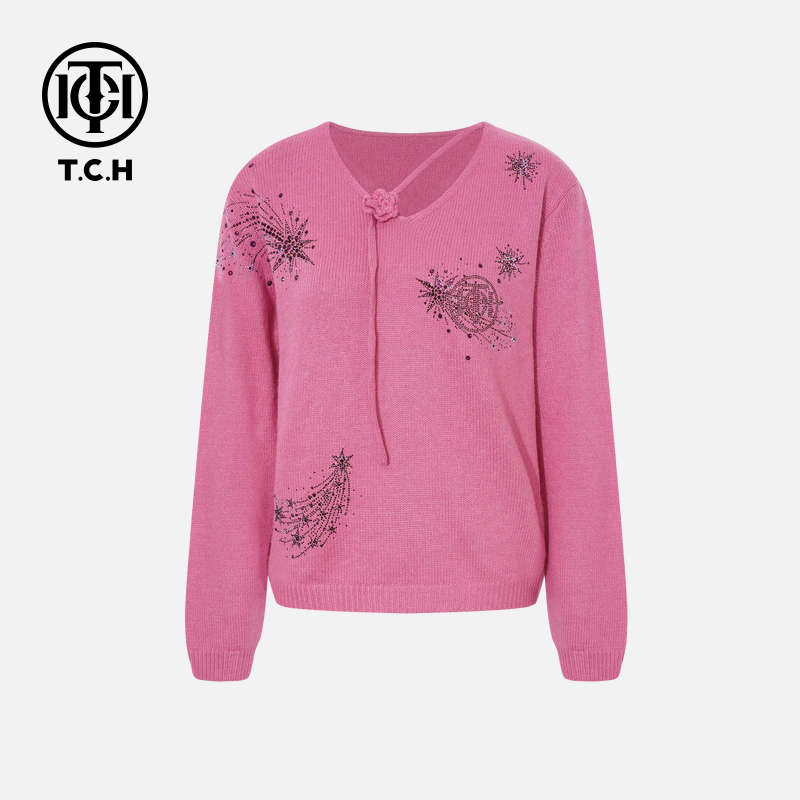 TCH【官搭推荐】冬款百搭时尚烫钻淑女玫红色针织衫T75D09E1148