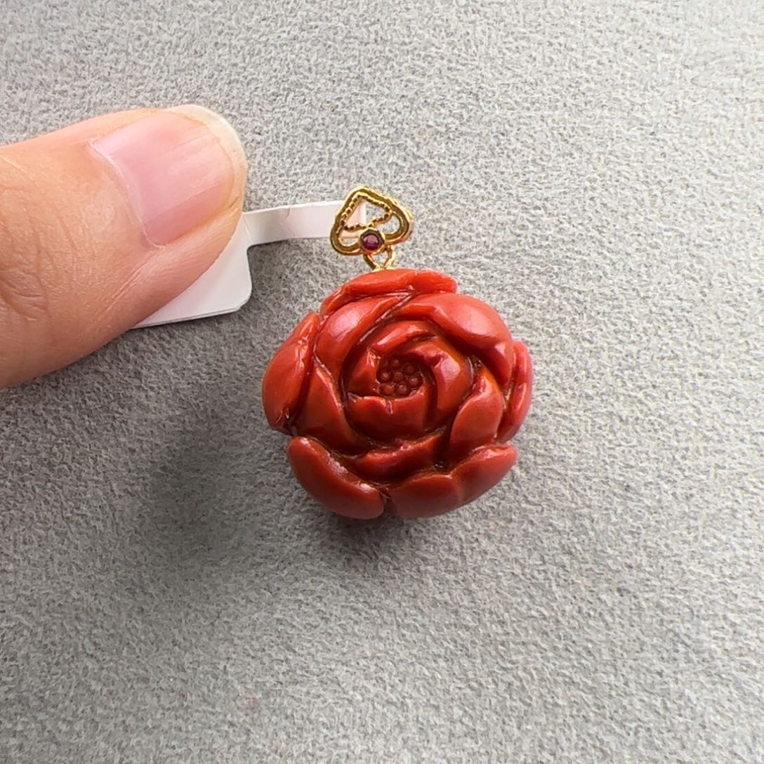 银S925镶嵌（牡丹花吊坠20*21*14）南红玛瑙