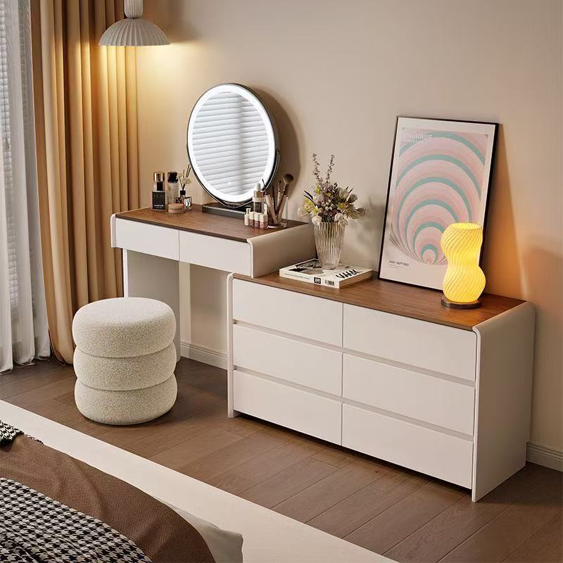 奶油风梳妆台卧室简约现代多功能斗柜化妆台可旋转一体网红化妆桌