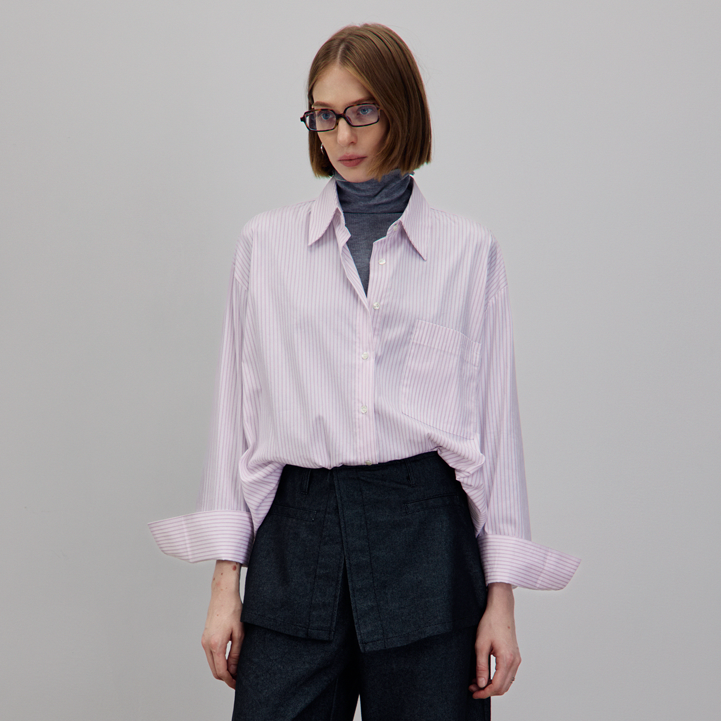 DNCY丨自然清爽粉 落肩条纹衬衫长袖秋设计感宽松休闲单叠穿衬衣