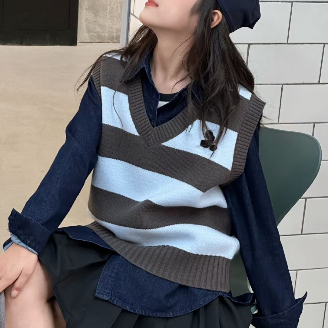 套头百搭针织春秋套装上衣秋季常规学院风条纹女复古