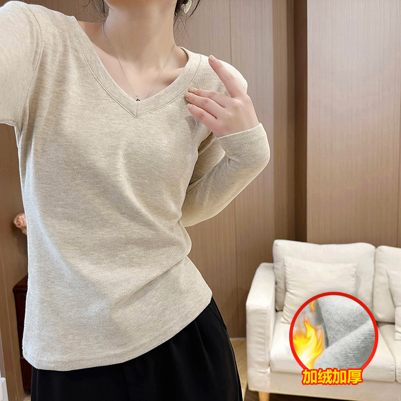 秋冬V领打底衫女长袖T恤修身显瘦上衣百搭内搭厚款纯色外穿简约