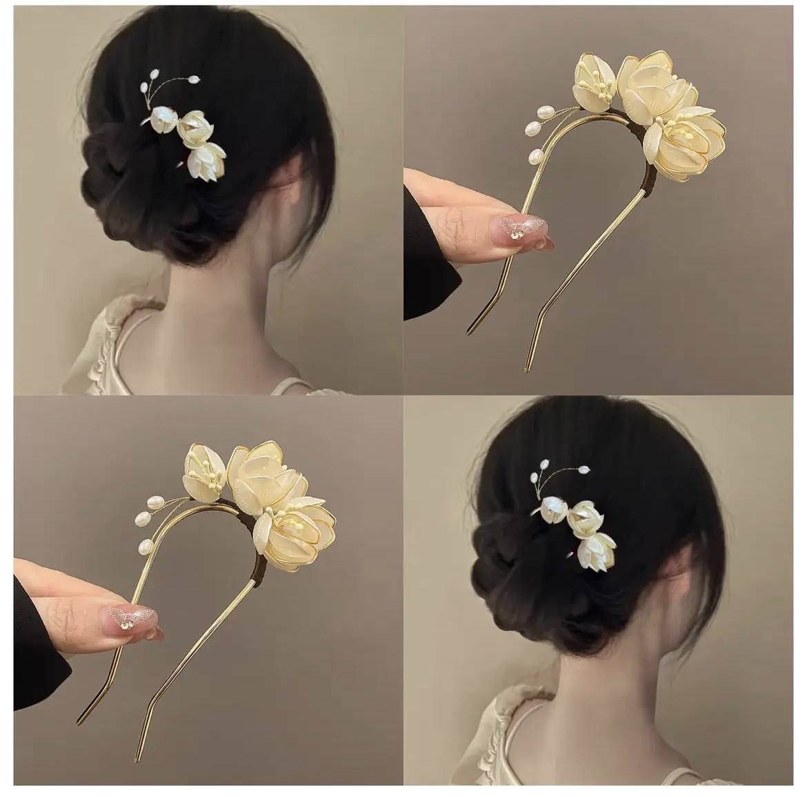  玉兰花朵u型发簪缠花簪花头饰新中式旗袍发叉簪子丸子头盘发神器