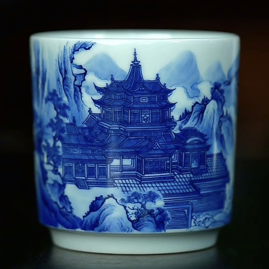 手绘亭台楼阁黄鹤楼青花直口杯150容量