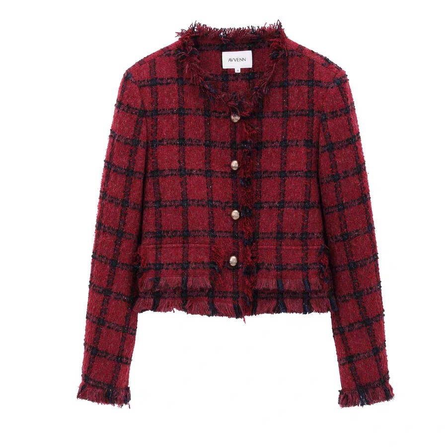 AVVENN红黑格纹粗呢毛边设计短款小香风外套AL90105547