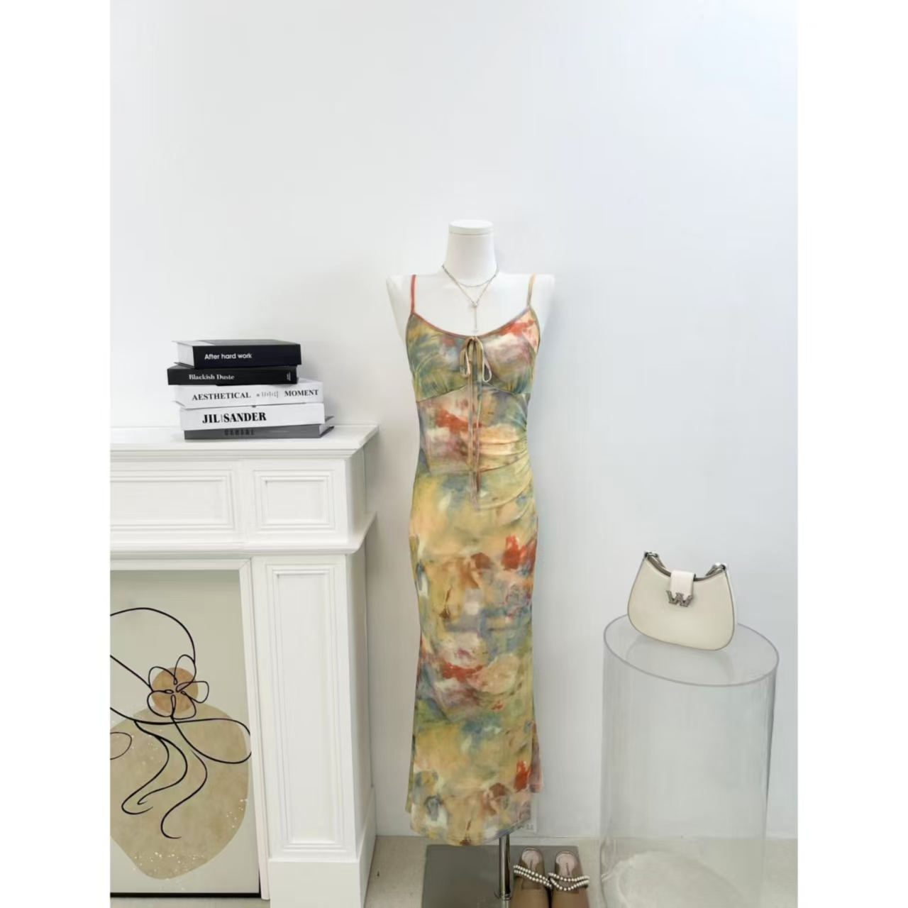 夏季印花系带显瘦高级气质法式复古吊带连衣裙DD107