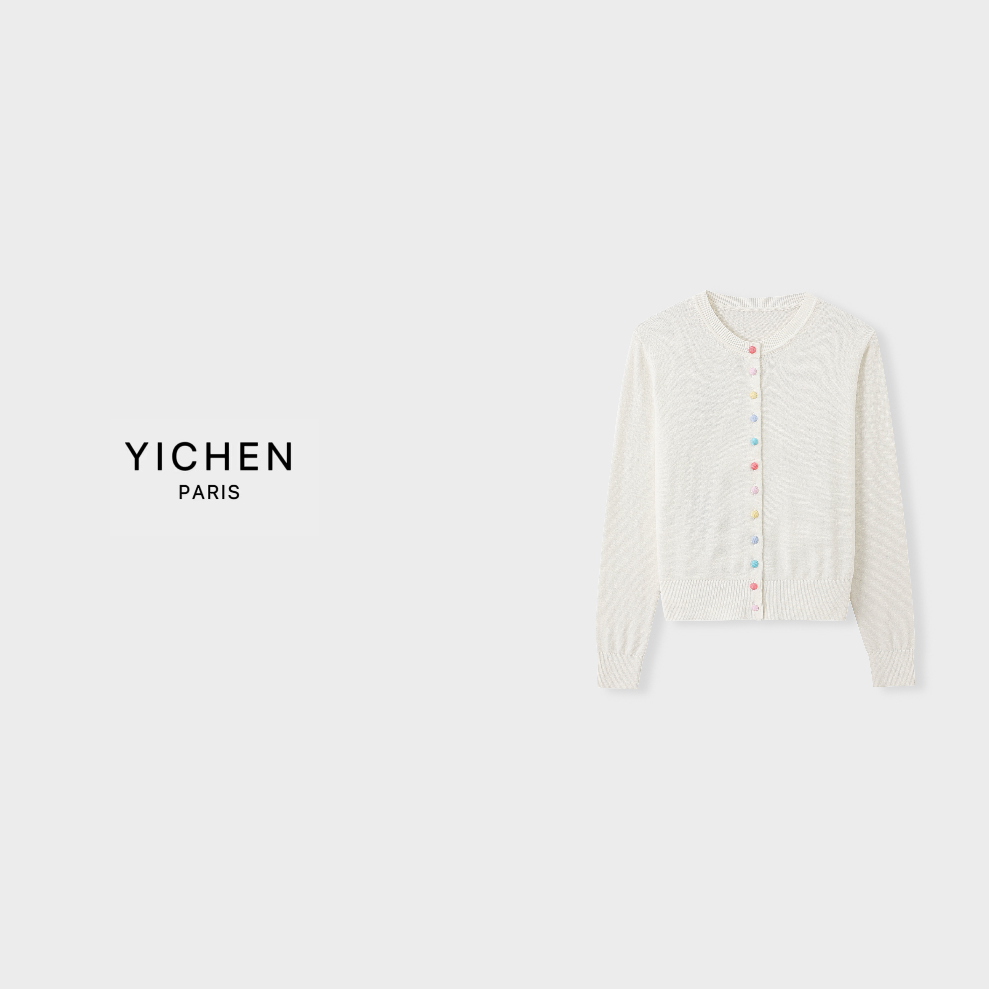 YC 彩色装饰扣圆领净版白色针织开衫-6091