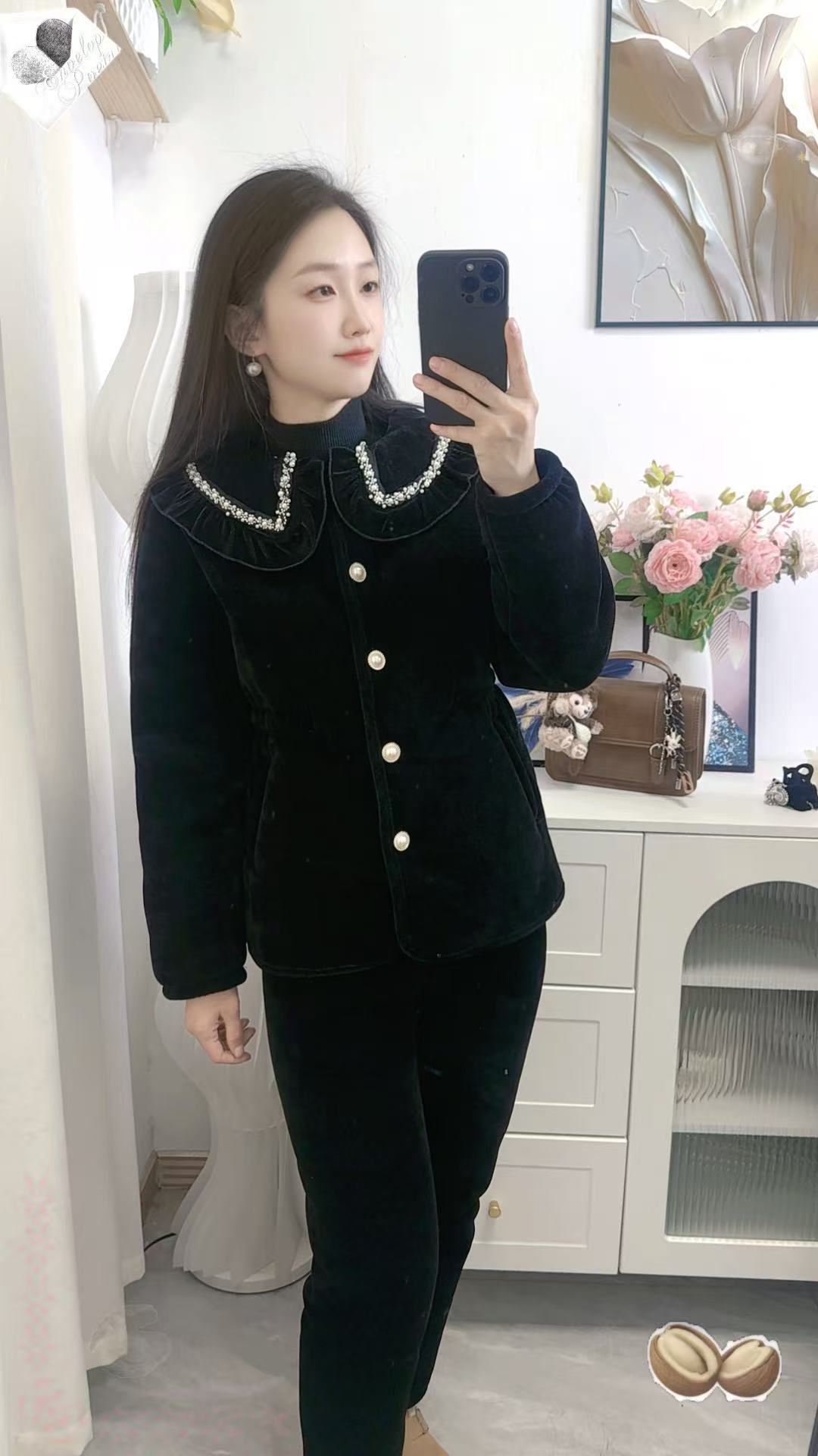 冬季外穿休闲《娃娃领珍珠花边》收腰套装睡衣加绒加厚家居服保暖