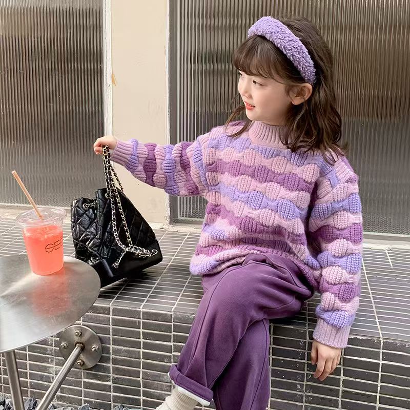 女宝洋气冬季套头针织衫女童毛衣加厚加绒2025新款格子上衣保暖