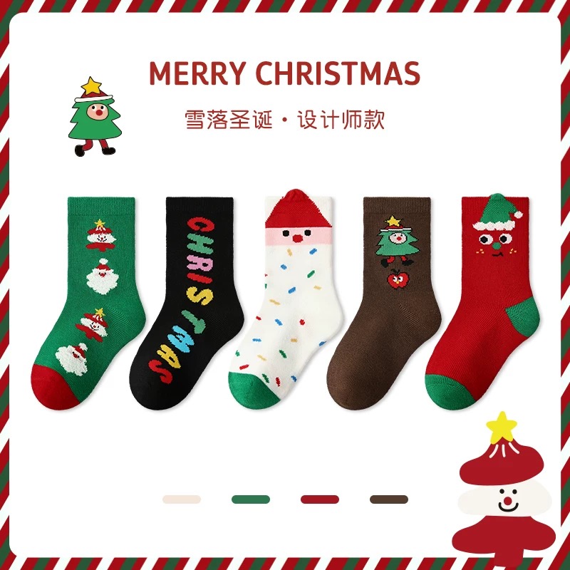 【小马家专属】儿童袜子秋冬季新款圣诞袜精梳棉卡通雪人女宝中筒袜