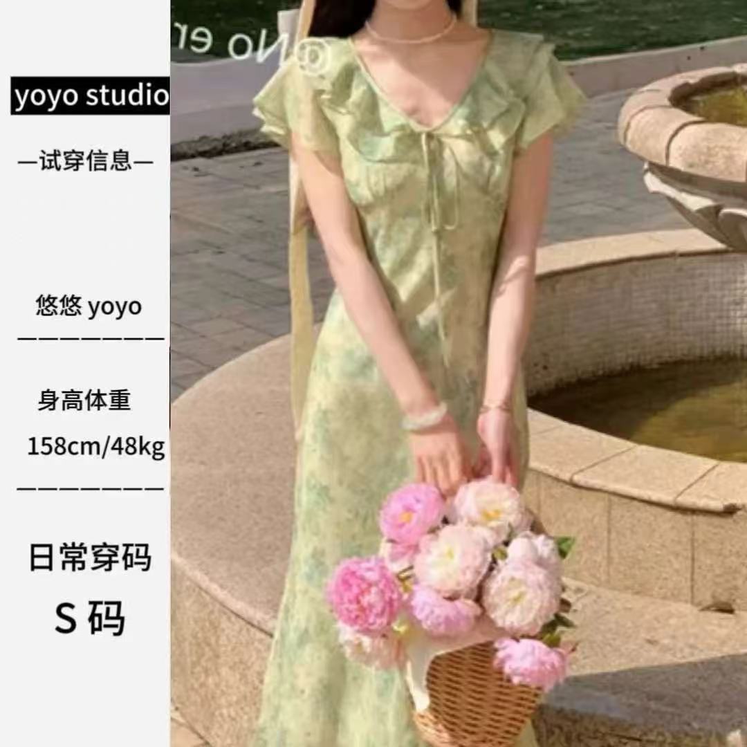 法式碎花显瘦小清新绿色森系连衣裙