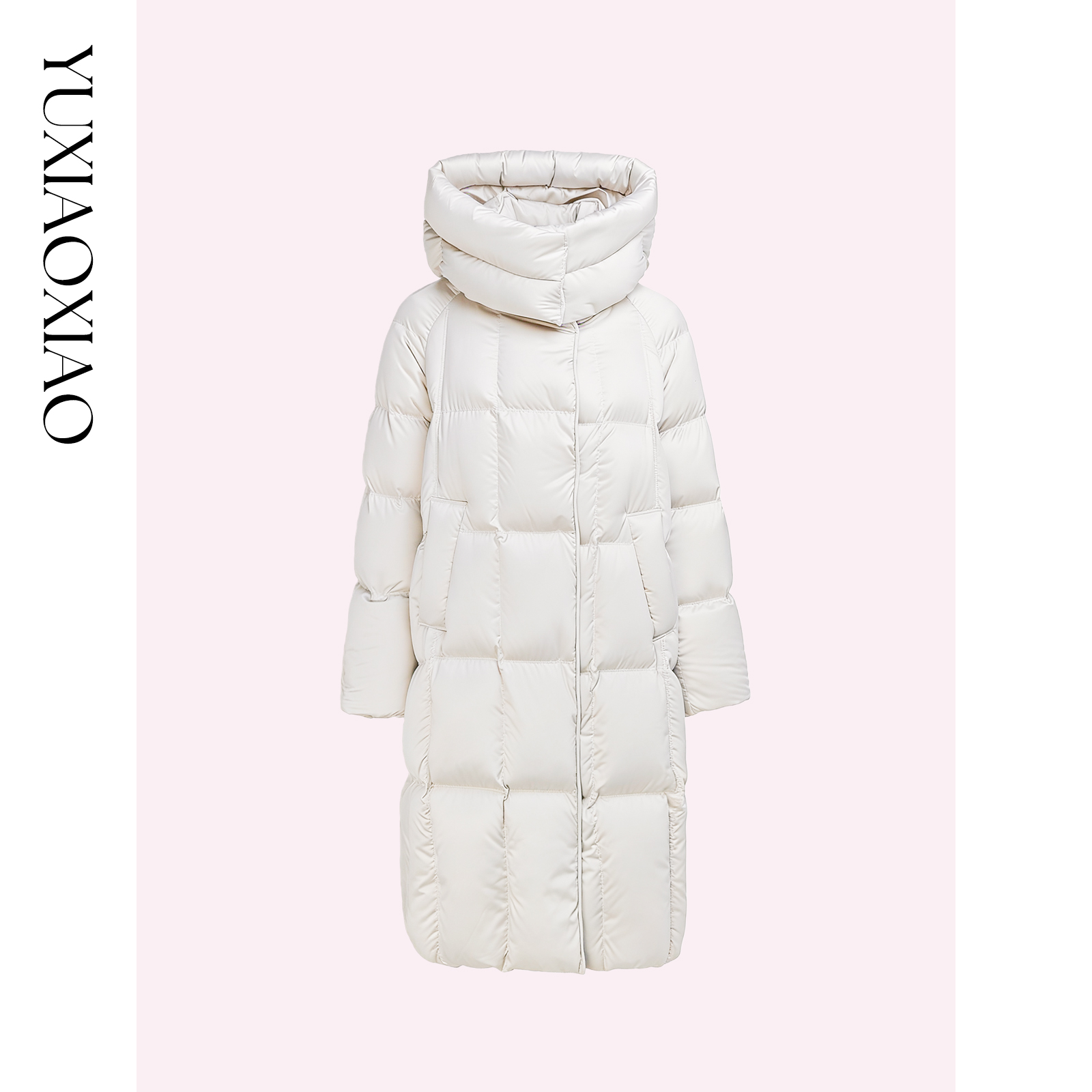 余潇潇【温柔雪夜】科鲁达95白鹅绒格纹保暖连帽立领长款羽绒服