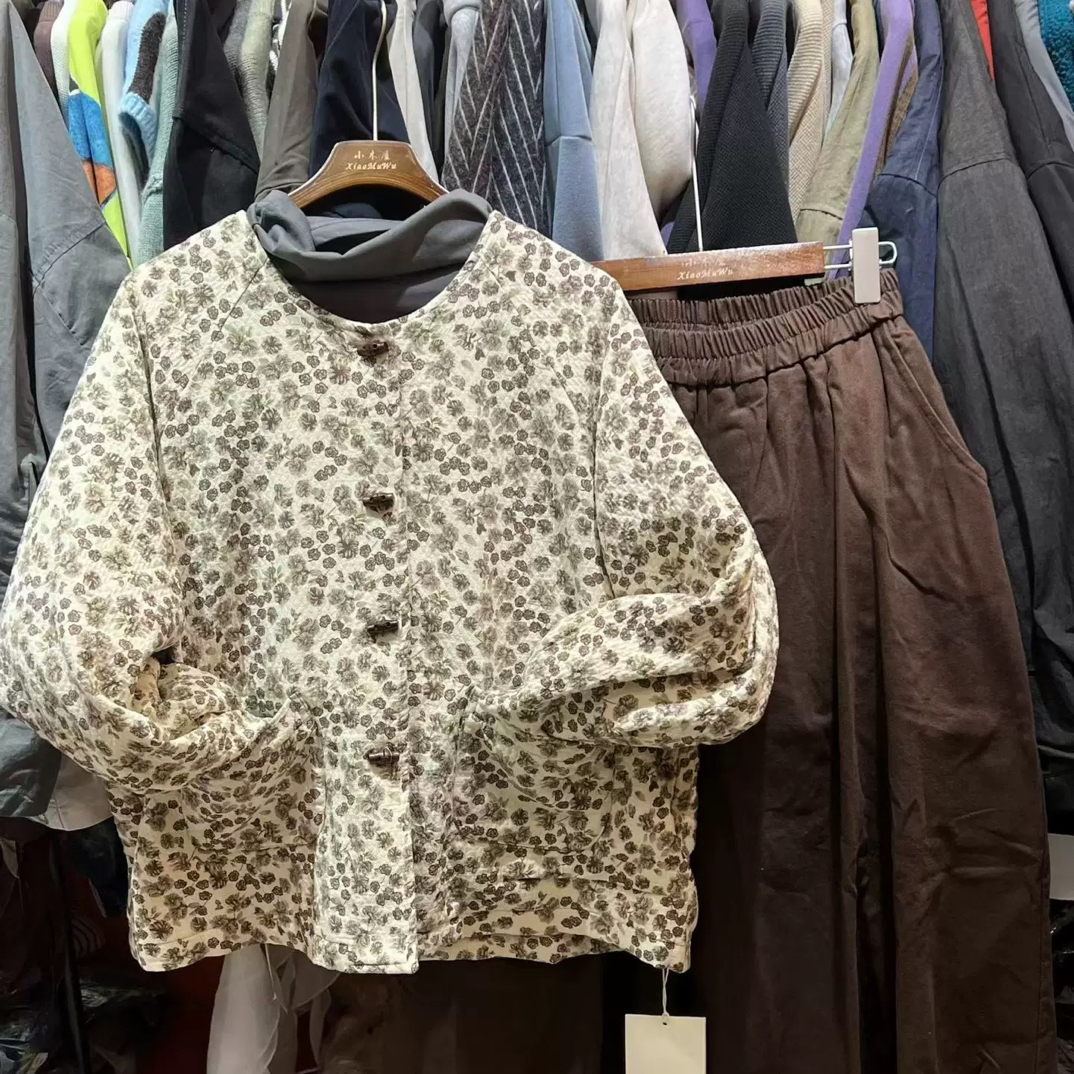 零度25秋季日系文艺复古拼接百搭显瘦棉麻碎花棉服短加绒加厚外套