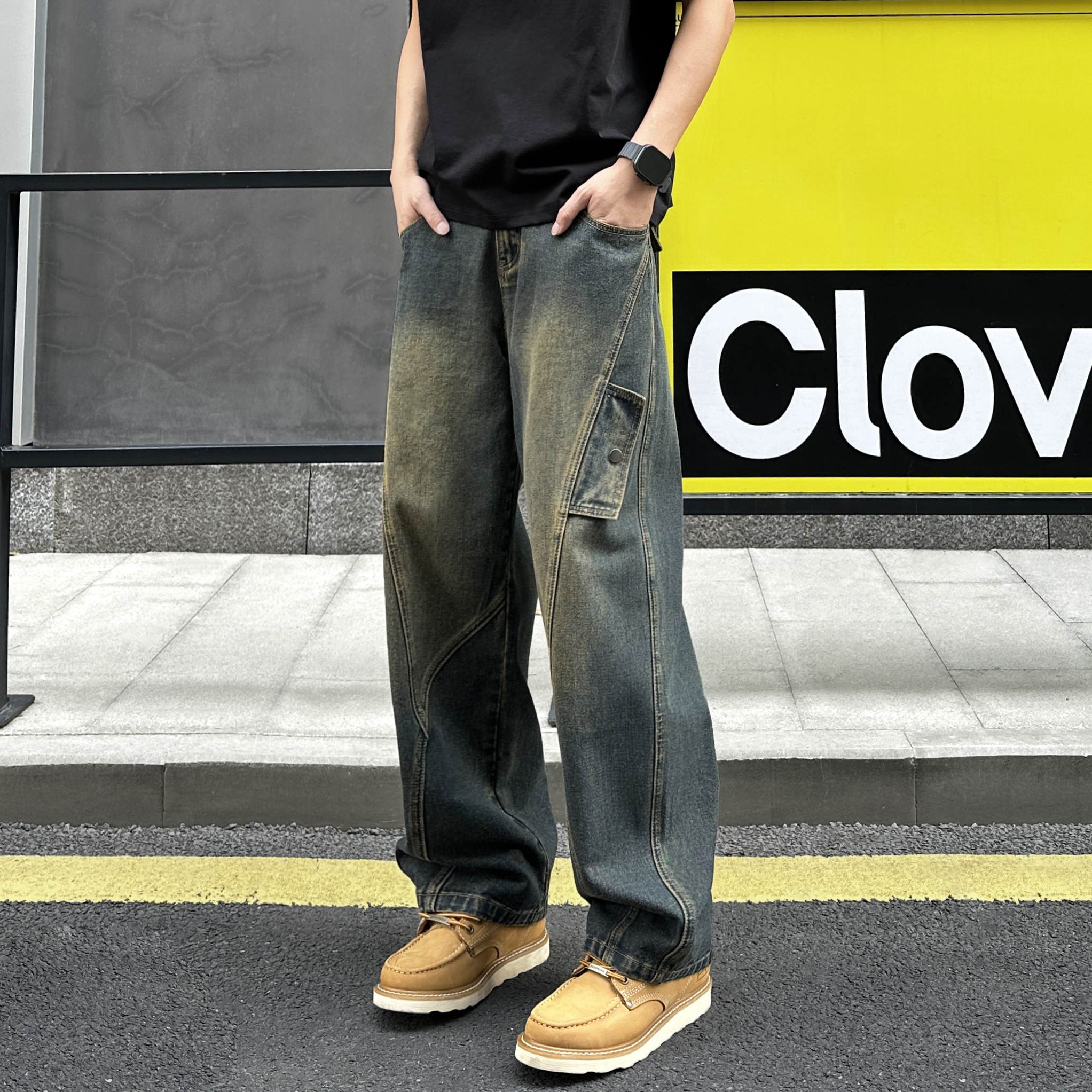 QUALCOMM秋冬新款百搭弯刀阔腿裤男美式潮牌复古做旧泥黄蓝牛仔裤