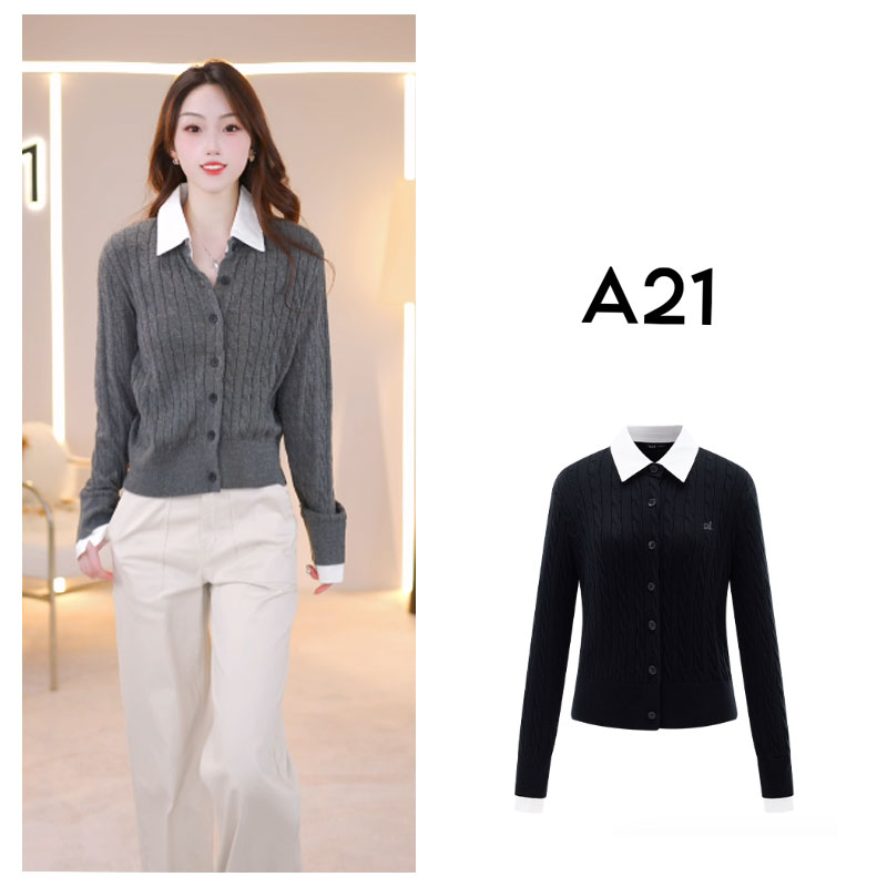A21女装复古翻领休闲简约开衫假两件毛针织衫上衣F453243003