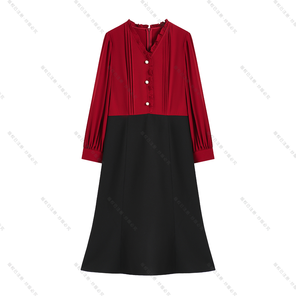 【南油虹姐】秋季新款V领木耳边拼接收腰优雅时尚时显瘦连衣裙