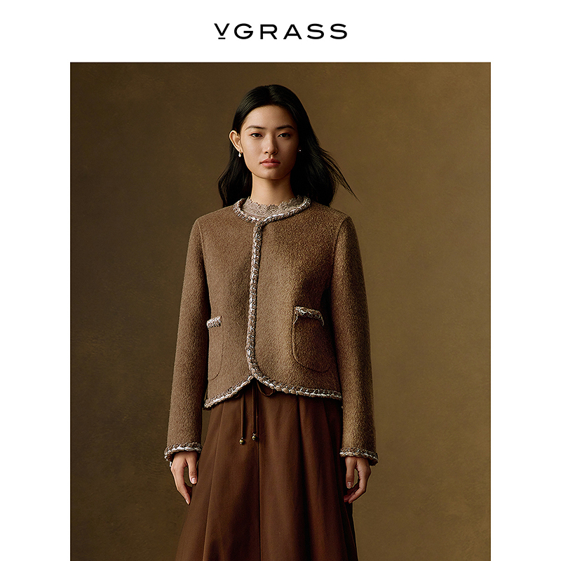 VGRASS25冬新款羊毛混纺经典复古静奢小香风灰色短款外套圆弧下摆