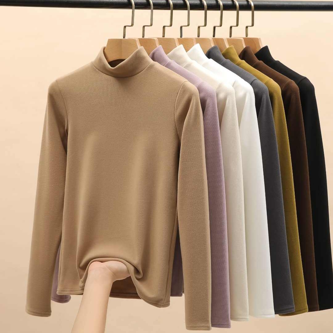 半高领双面德绒打底衫女春秋款洋气内搭纯色加绒加厚保暖长袖上衣