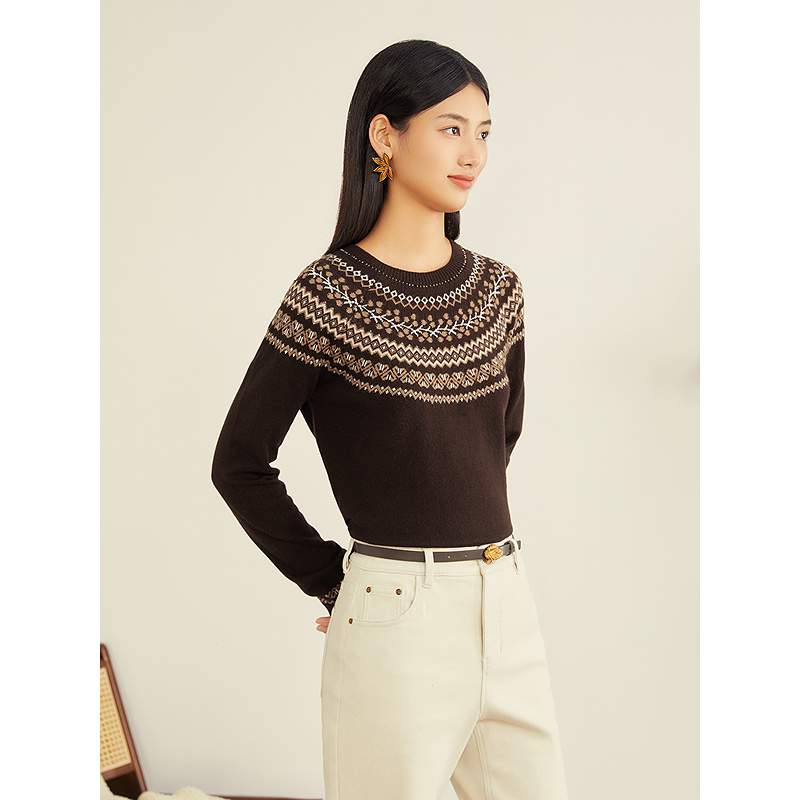 YINER音儿25冬 新款复古费尔岛提花亮丝羊毛混纺针织衫8C65506206