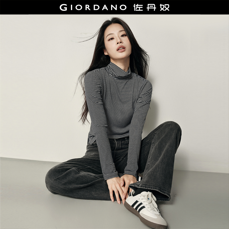 【韩国同款】佐丹奴女装条纹高领修身内搭长袖舒适针织T恤 05325832