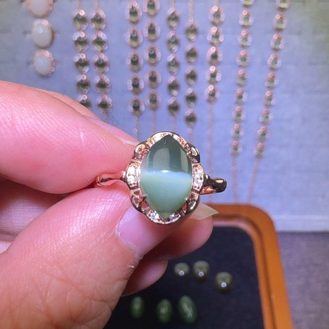 银S925镶嵌戒指和田玉（碧玉）和田玉碧玉猫眼戒指