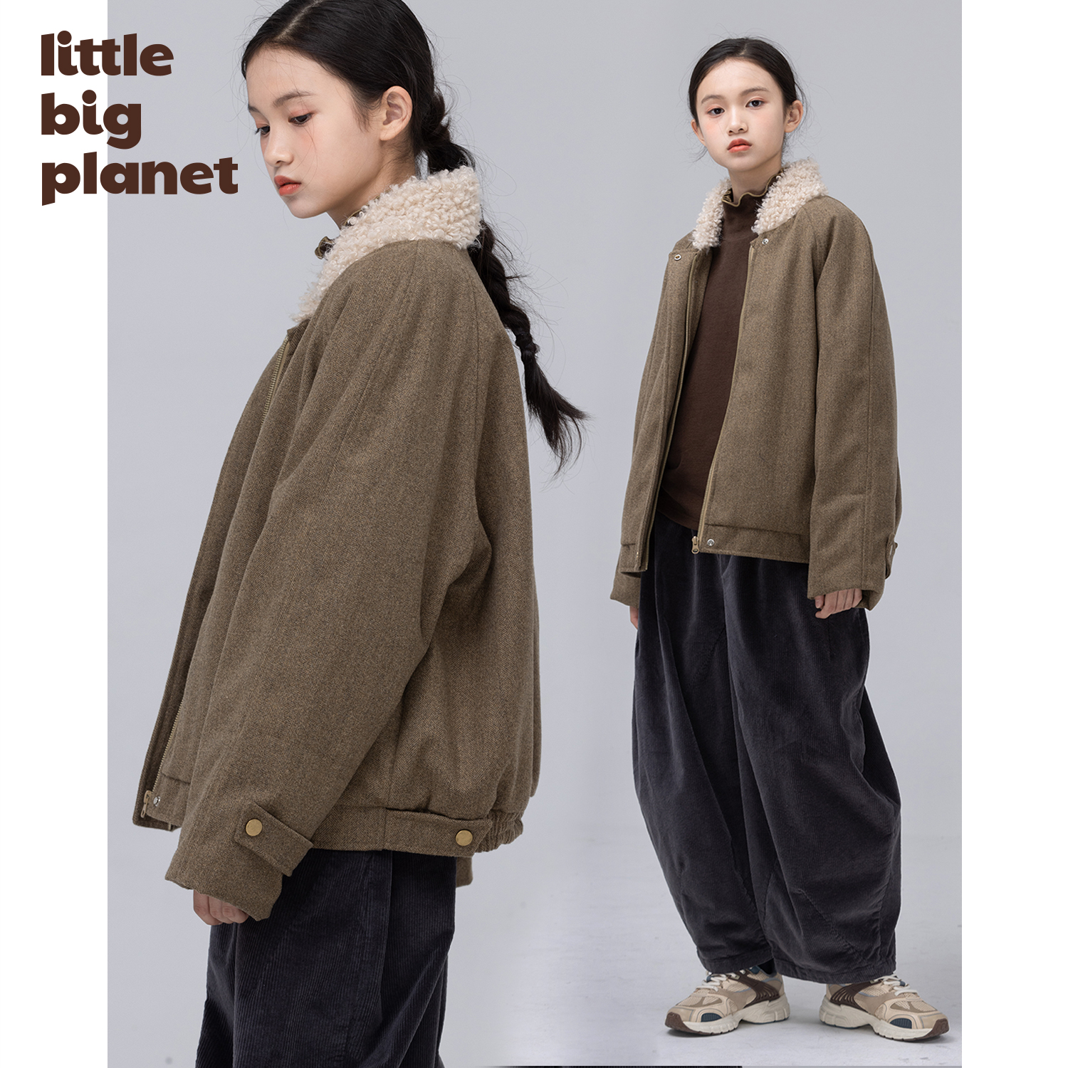 小小大星球童装 冬日雾感毛毛领拼接夹克 男女童保暖裥棉休闲外套