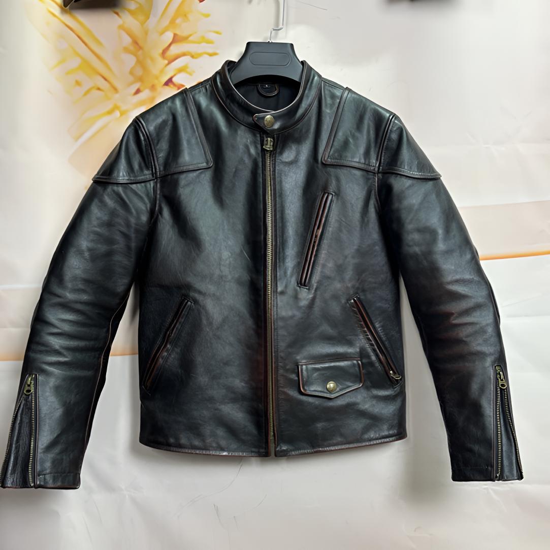 茶芯头层马皮立领修身短款美式复古机车真皮皮衣外套潮流