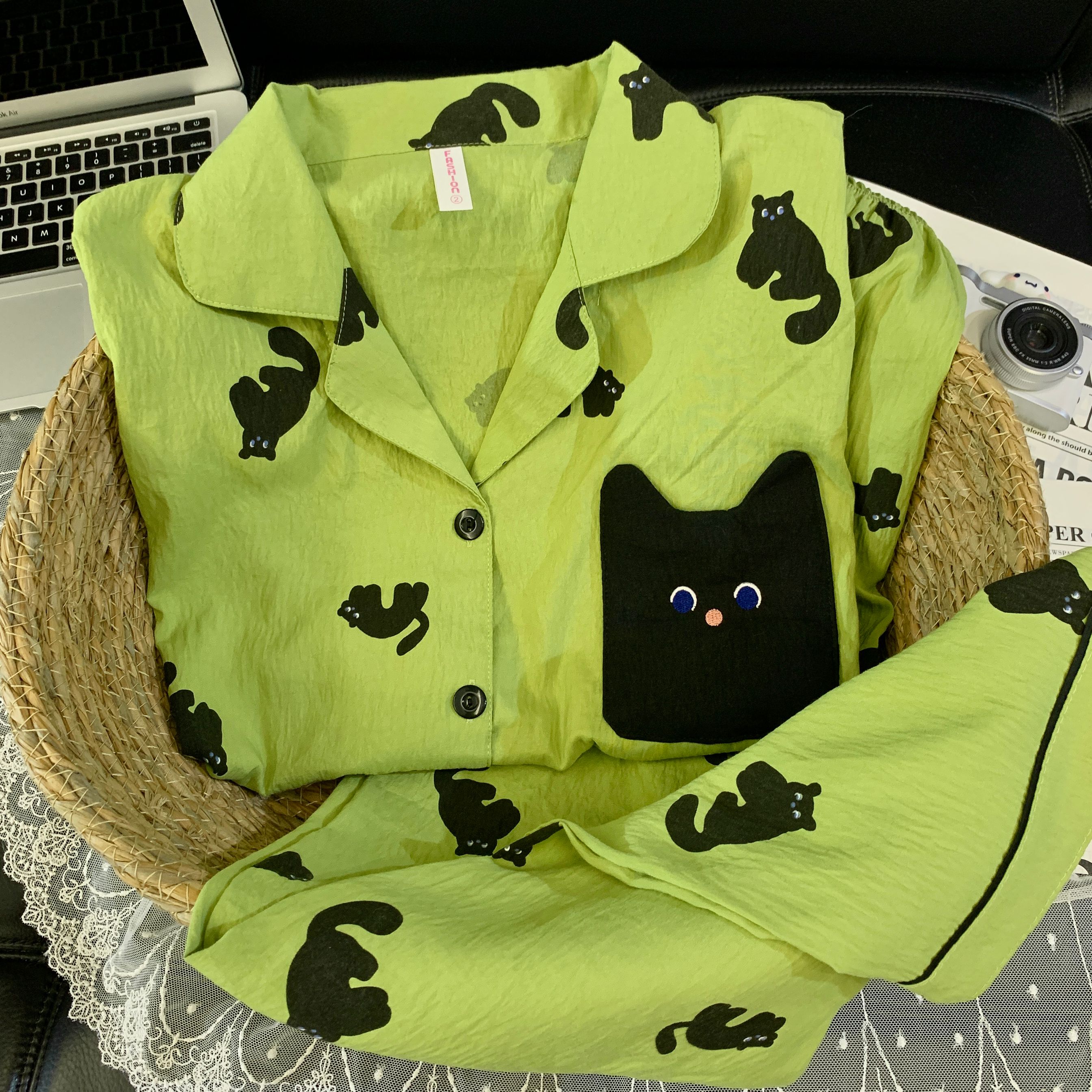 【绿色喵喵细纱绵】秋天长袖长裤可爱小猫睡衣套装女卡通家居服