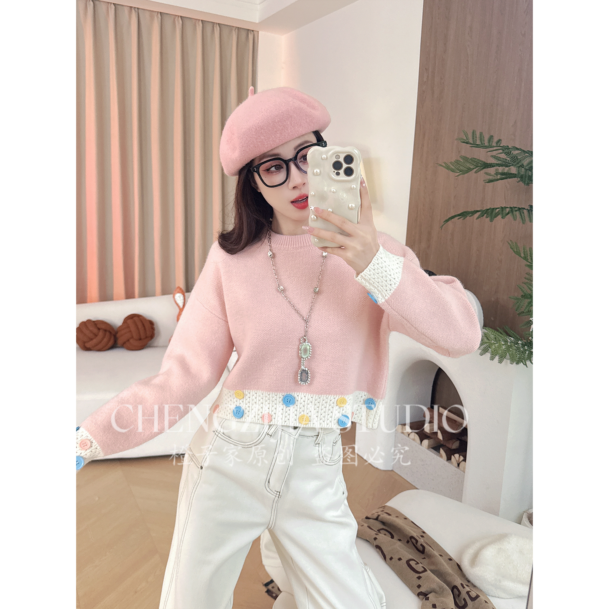 【裴诗婷】橙子·studio【流光纽扣】MY00123彩色扣撞色圆领套头毛衣05