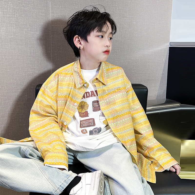 男童长袖衬衫2025春秋新款中大童韩版洋气儿童上衣薄款衬衣潮童装